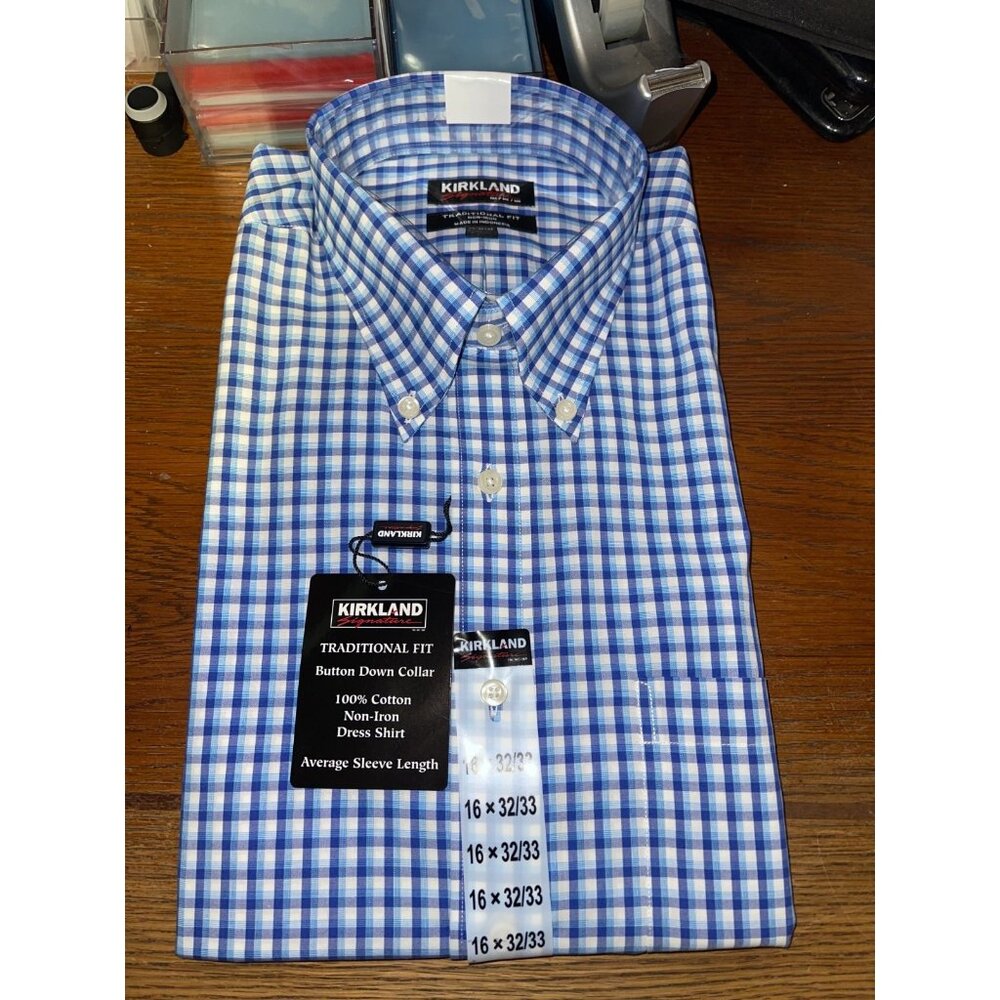 NWT Kirkland Men's Button Up Shirt Size 16 x 32/33 NWT - blue blue white plaid